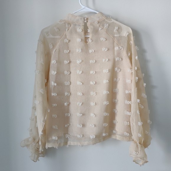 SHEIN cream tufted sheer top with cream lining, gathered sleeve cuffs, mock neck - Picture 2 of 15